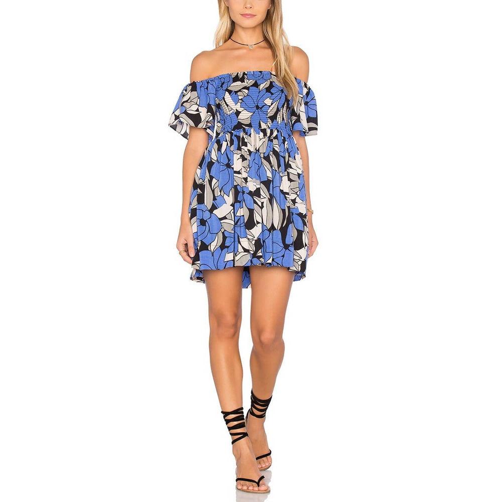 Free People Louise Floral Off The Shoulder Smocked Bodice Mini Dress Small Blue